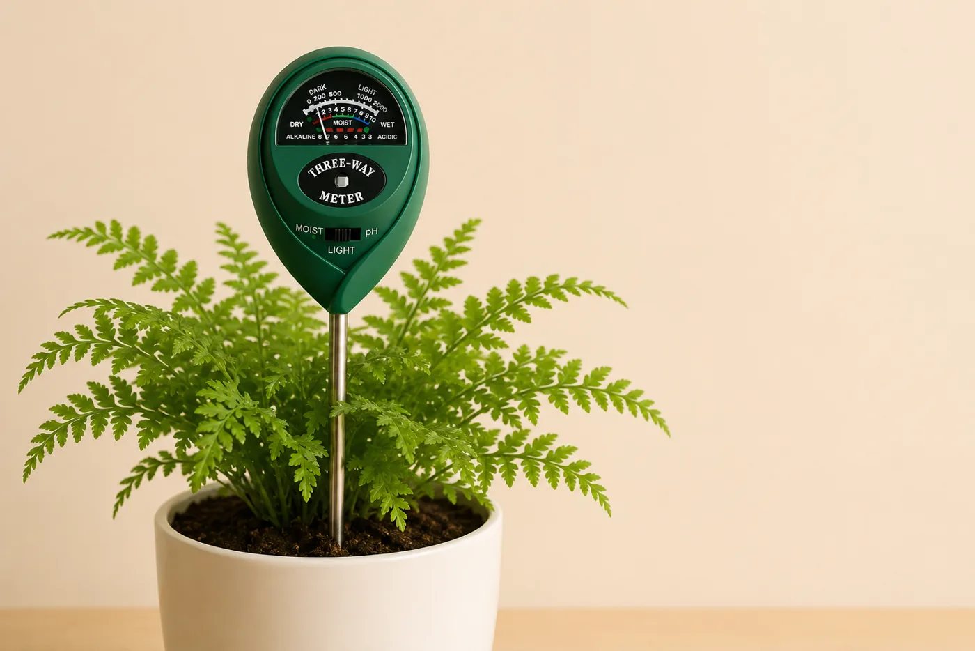 SoilSense 3-in-1 soil moisture meter inserted in a potted plant